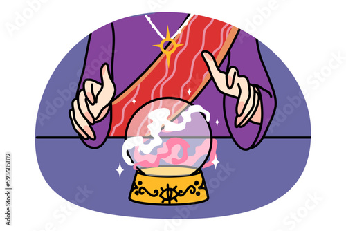 Hands of fortune teller with crystal ball tell fate to client or customer in magic salon. Magician or gypsy read fate on crystal magical ball. Prediction concept. Flat vector illustration.
