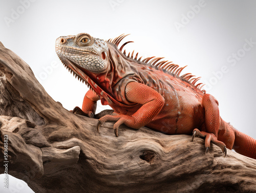 Detailed studio portrait of a red iguana on a tree branch, isolated on a white background, generative ai