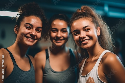 three female friends, young woman or teenager in row, happy joyful smile, fitness or gym or yoga, sports together in group. Generative AI