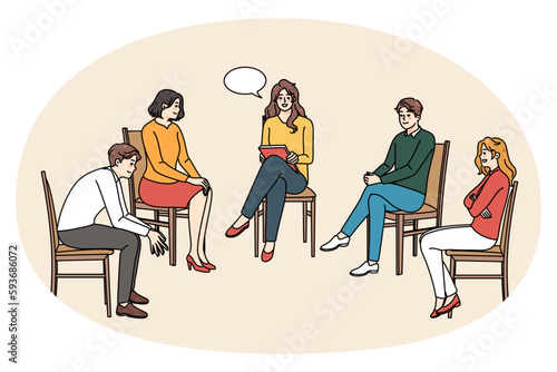 Diverse people at counseling session with female psychotherapist in office. Men and women at group psychological meeting with counselor or psychologist. Flat vector illustration.