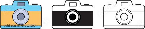 Vector set of cameras: colorful, black and white and outlined
