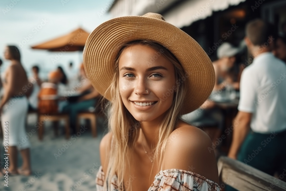 young adult woman or teenager, blonde slim, contentment and joy and fun on vacation on sandy beach, fictional place. Generative AI