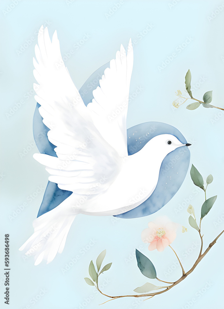 Fototapeta premium watercolor painted dove of peace with a green branch on a blue background, generative ai