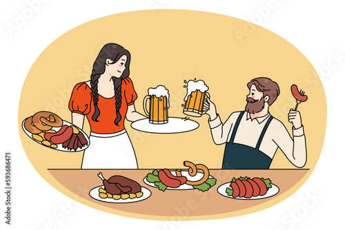 Happy man and woman in traditional clothes celebrate Oktoberfest drink beer eat sausages. Smiling guy and girl enjoy german festival celebrations outdoors. Flat vector illustration.