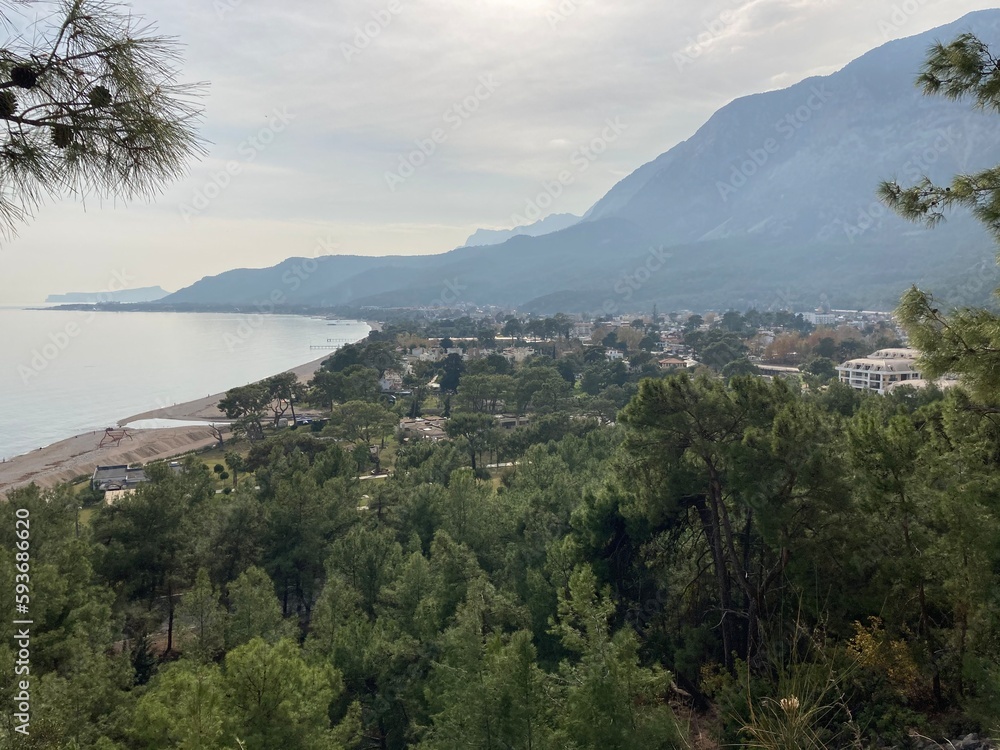 View of the village near the sea from Mount Turkey, Antalya province