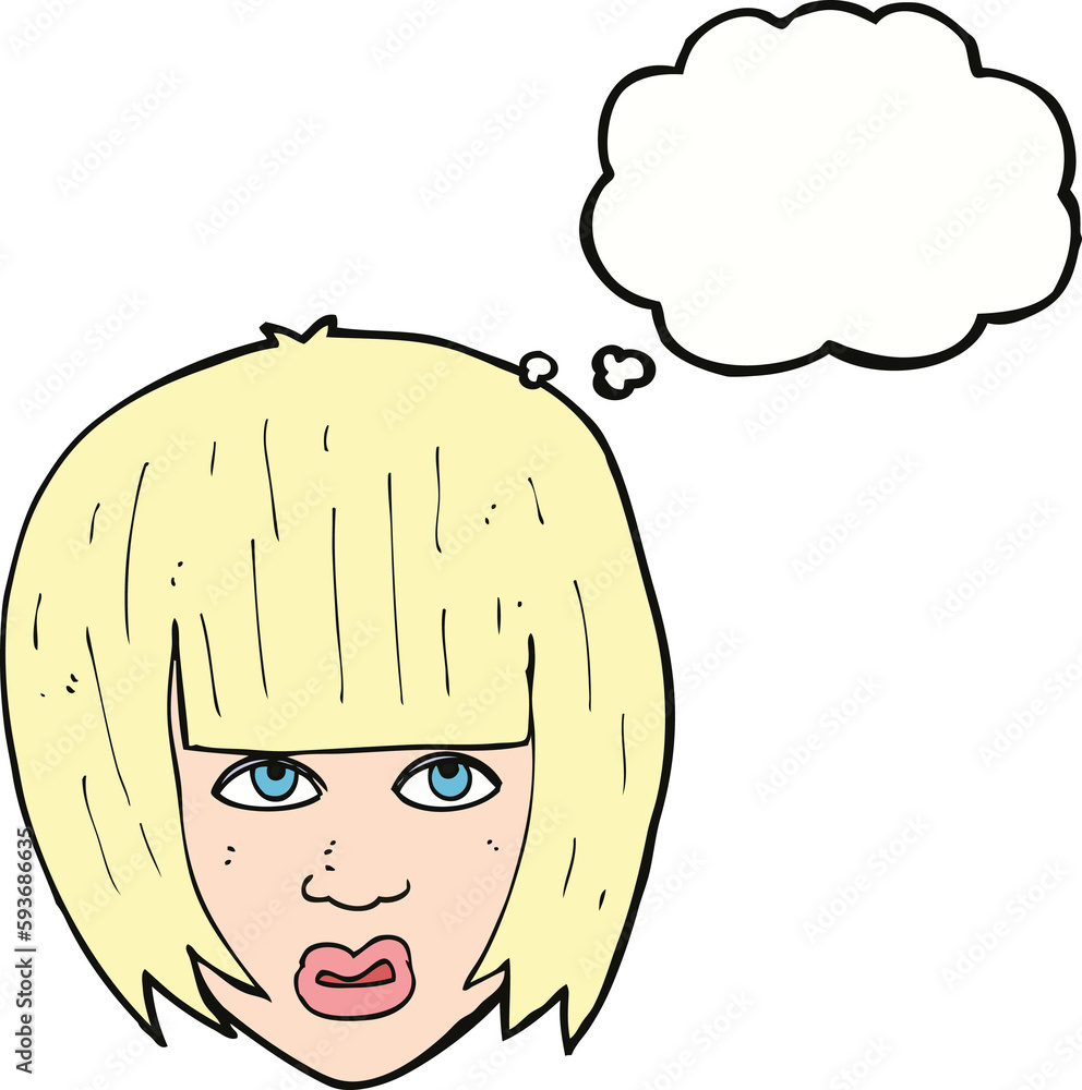 cartoon annoyed girl with big hair with thought bubble