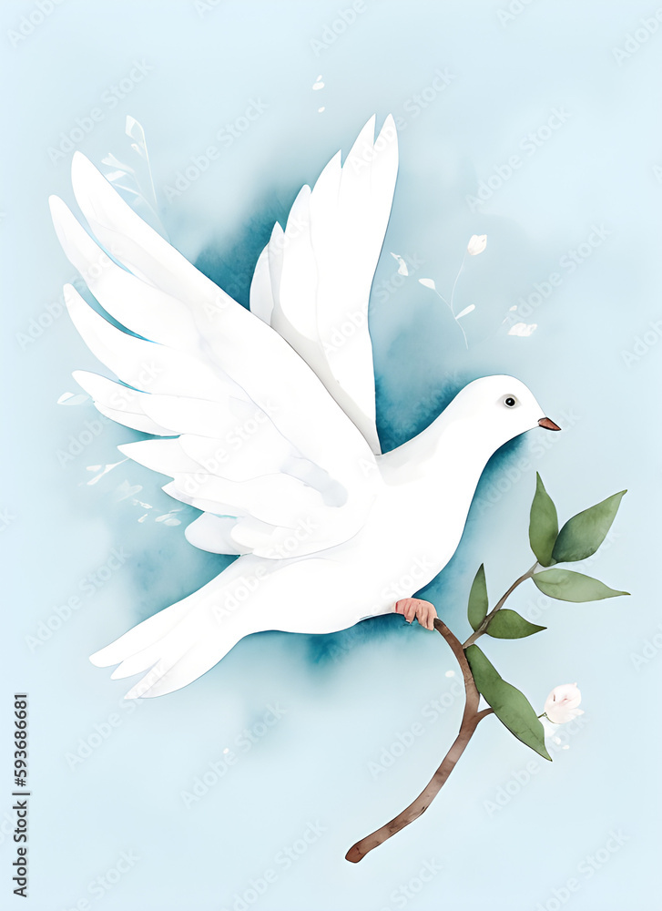 Obraz premium watercolor painted dove of peace with a green branch on a blue background, generative ai