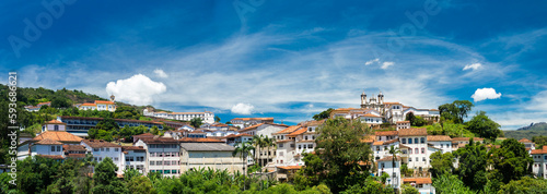 A panoramic view of the historic colonial city of Ouro Preto, Minas Gerais, Brazil.