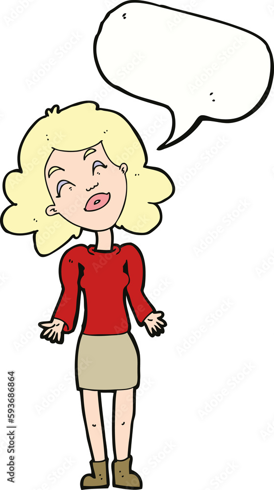 cartoon woman shrugging shoulders with speech bubble cartoon woman shrugging shoulders with speech bubble