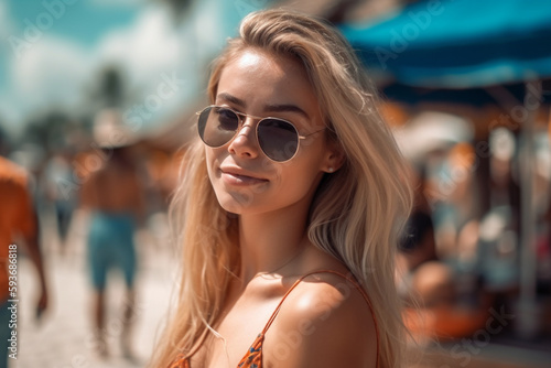 young adult woman or teenager, blonde slim, contentment and joy and fun on vacation on sandy beach, fictional place. Generative AI © wetzkaz
