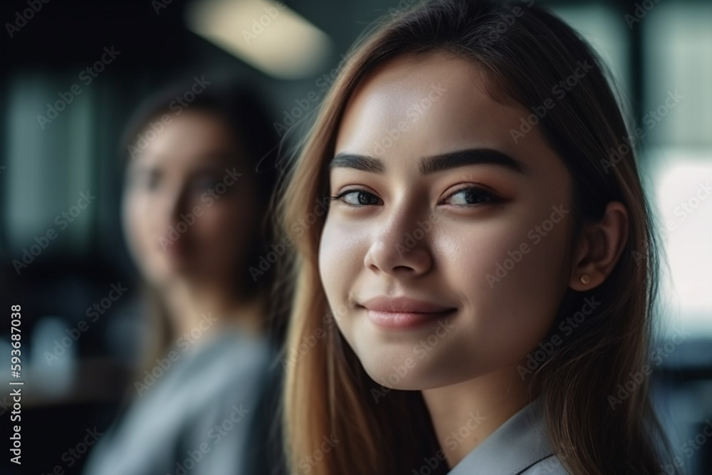 Fototapeta premium young adult woman or teenage girl, fictional place like an office. Generative AI