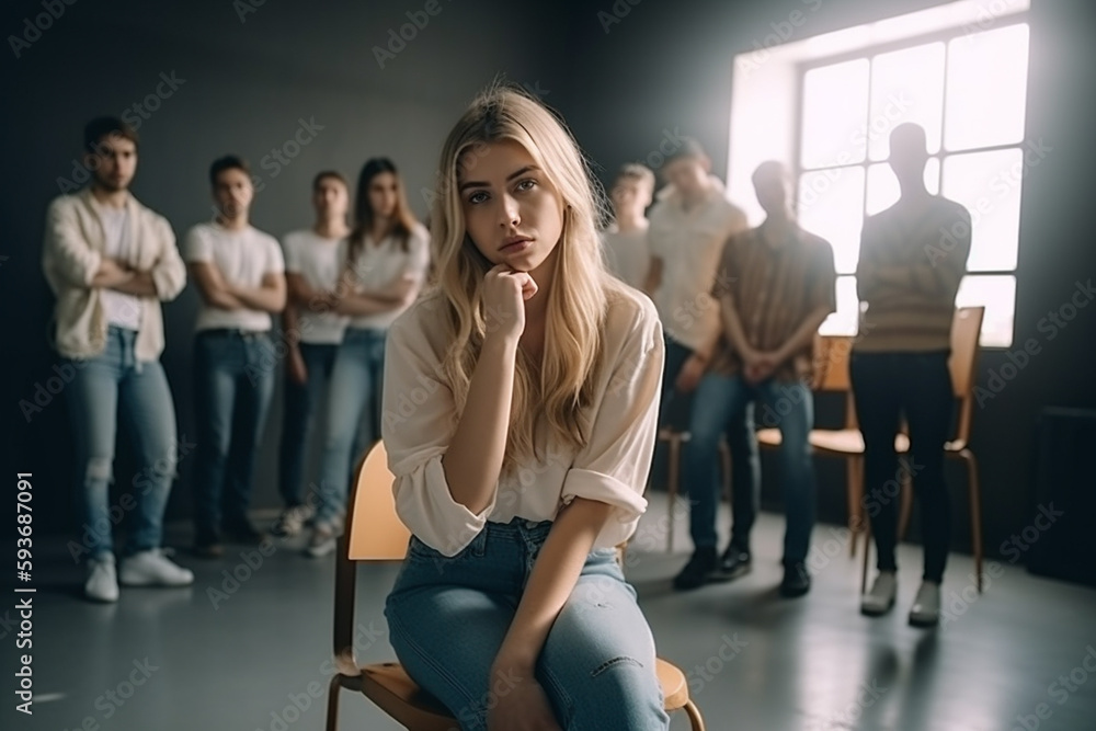 Fototapeta premium young woman alone in the middle of a seating group, working atmosphere or victim of bullying or accusations or similar fictitious event. Generative AI