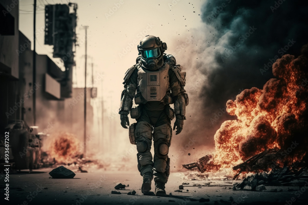 a robot or human in combat suit, humanoid android robot with artificial intelligence. Generative AI a robot or human in combat suit, humanoid android robot with artificial intelligence. Generative AI