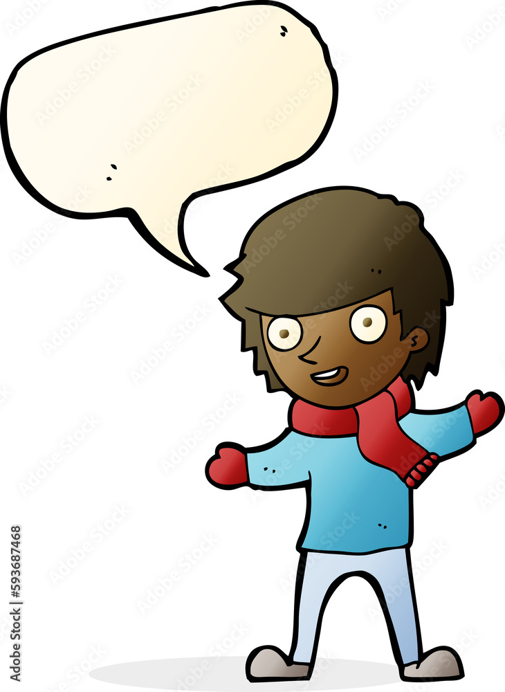 cartoon boy in winter clothes with speech bubble cartoon boy in winter clothes with speech bubble