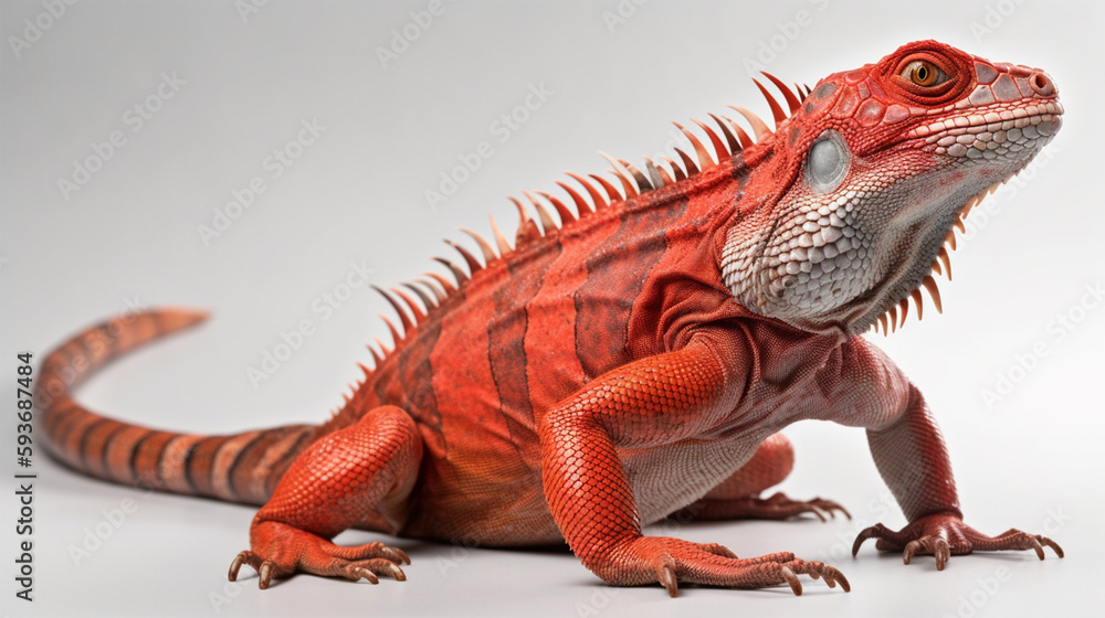 Fototapeta premium Detailed studio portrait of red iguana, isolated on white background, generative ai