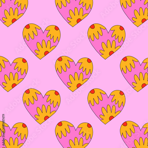 1970 psychedelic seamless pattern. 1970s good vibes hearts ornament. 1960 retro Valentine. Hippie peace and love. Funky and groove card. Trippy art.Hippie wallpaper background poster	