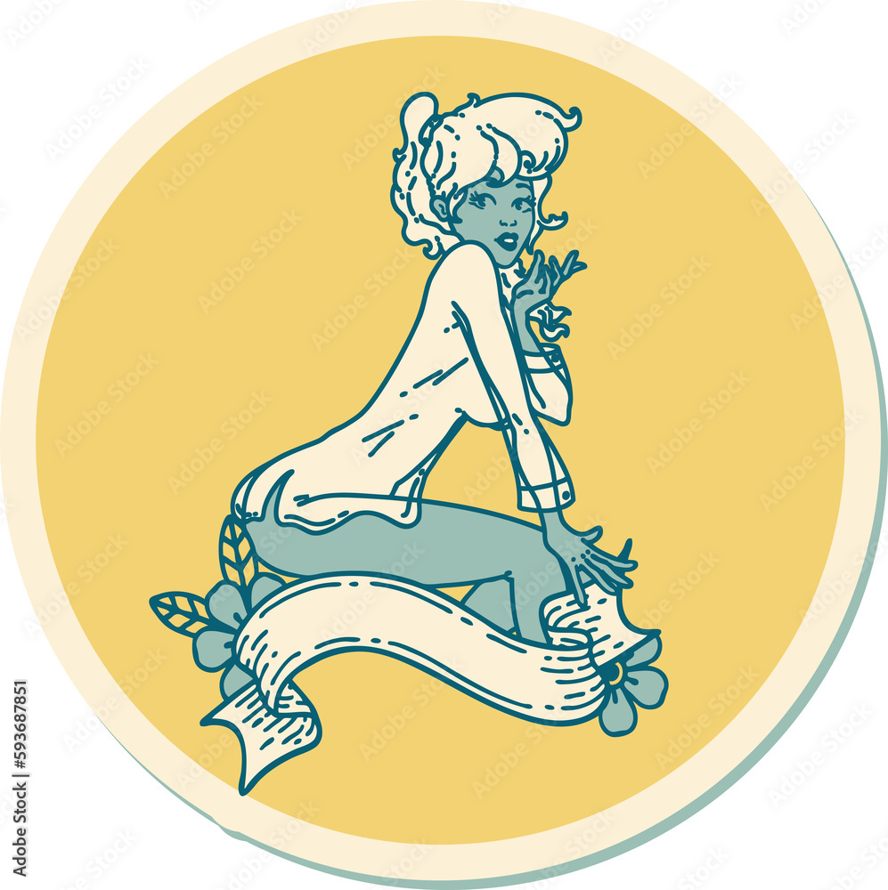 tattoo style sticker of a pinup girl wearing a shirt with banner tattoo style sticker of a pinup girl wearing a shirt with banner