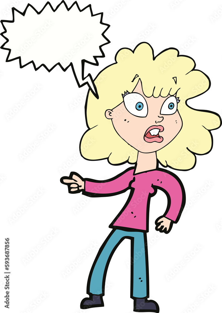 cartoon worried woman pointing with speech bubble cartoon worried woman pointing with speech bubble