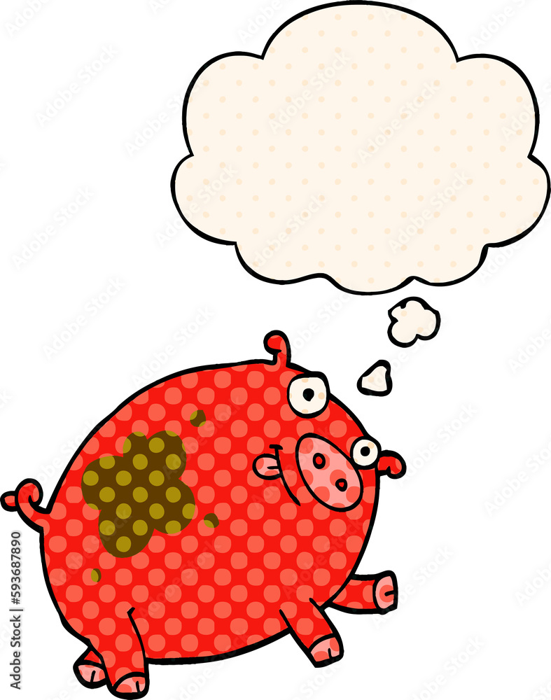 cartoon pig and thought bubble in comic book style