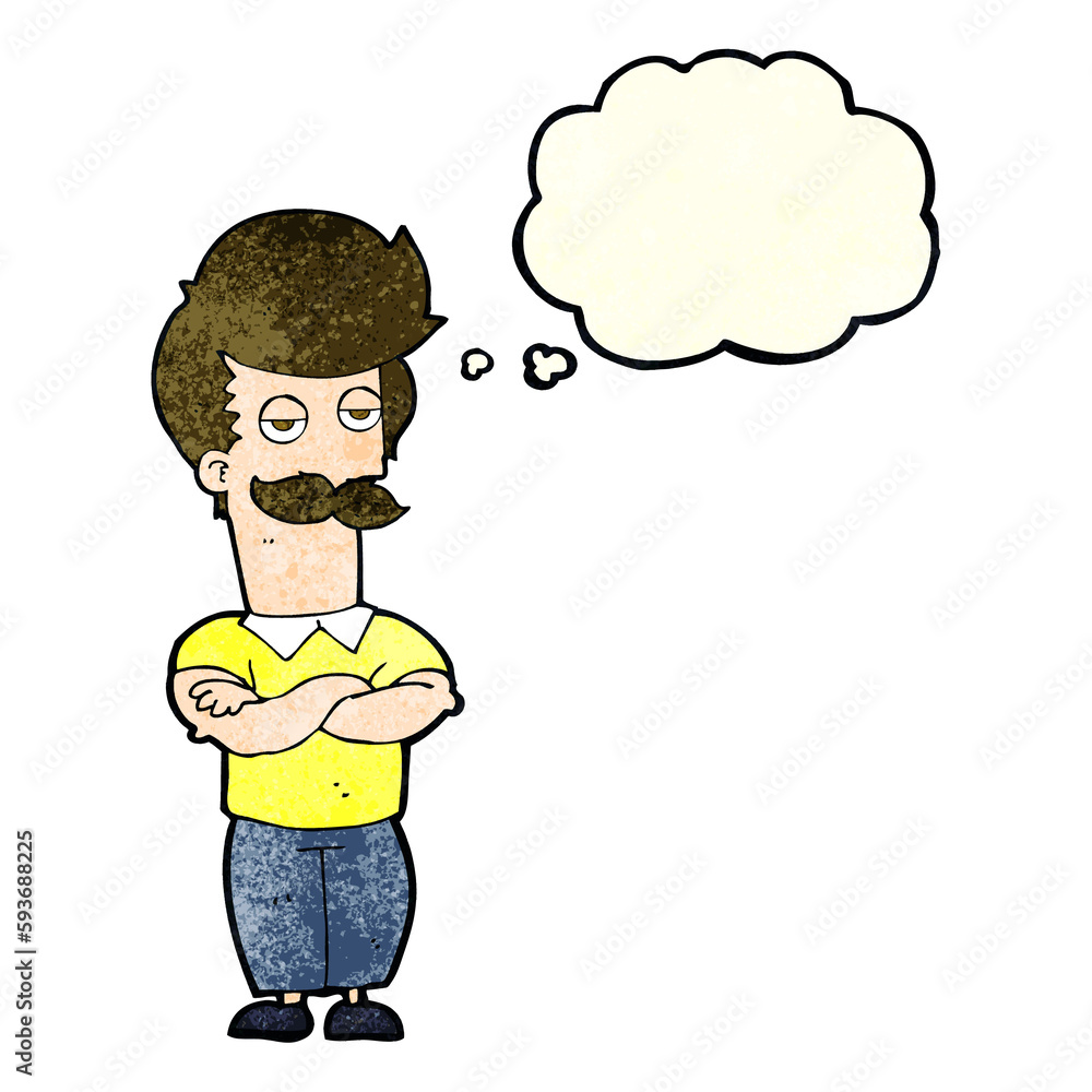 cartoon mustache muscle man with thought bubble