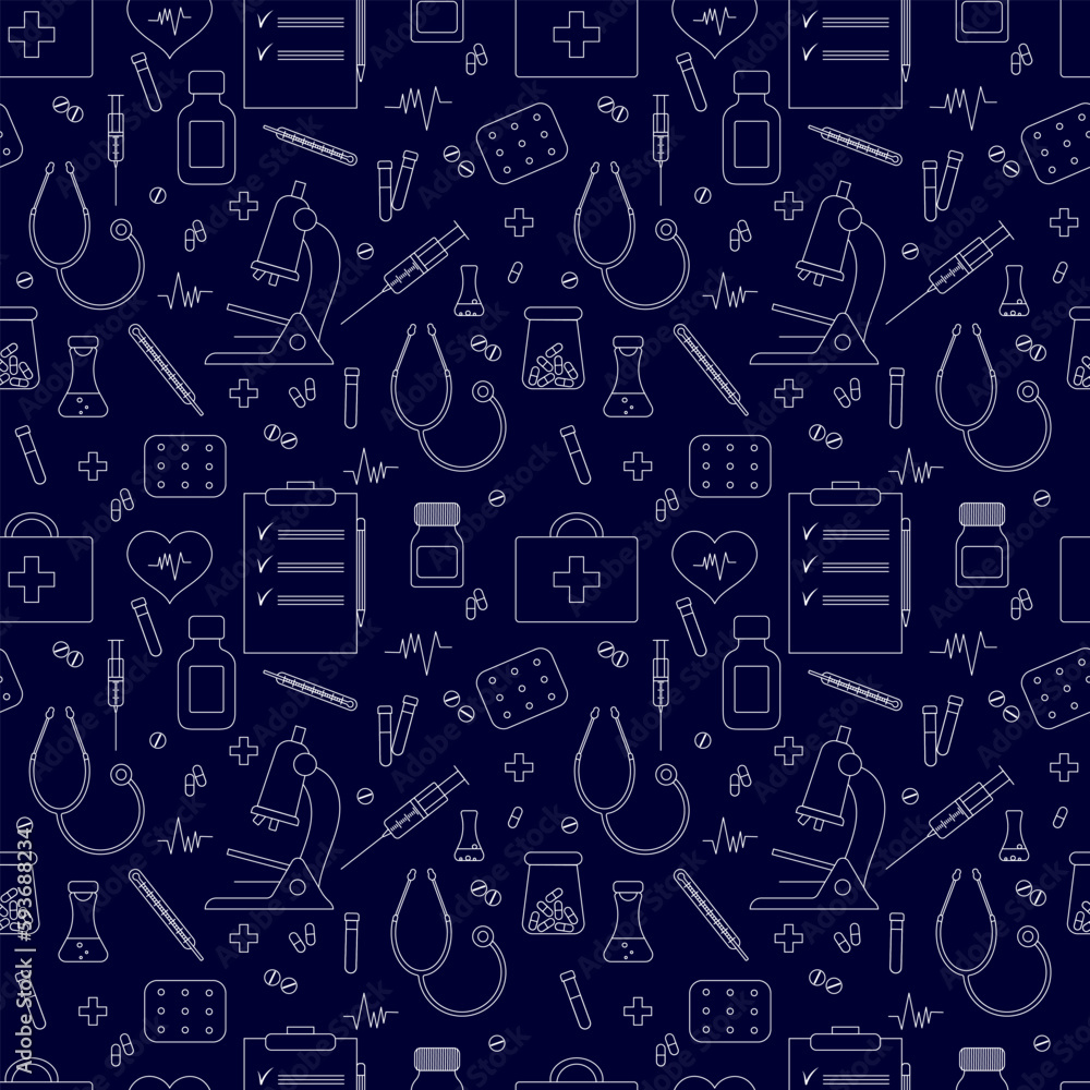 Medical seamless pattern, clinic vector illustration. Hospital thin line icons - thermometer, pills, microscope, tests, drugs, syringe, stethoscope.