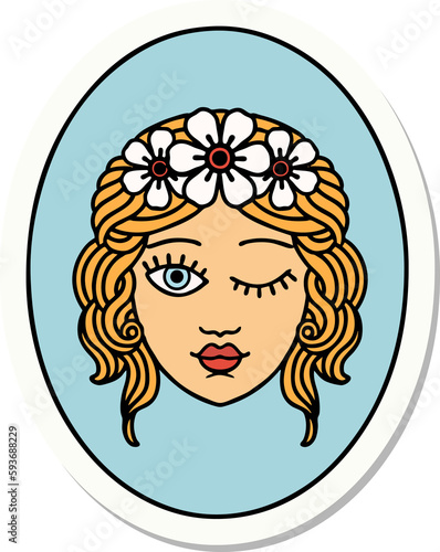 tattoo style sticker of a maiden with crown of flowers winking