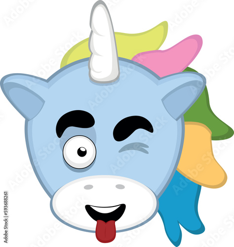 vector illustration face of a unicorn cartoon winking and sticking out tongue