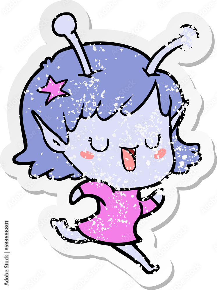 distressed sticker of a happy alien girl cartoon distressed sticker of a happy alien girl cartoon