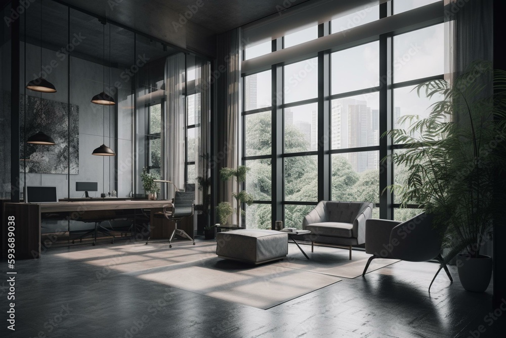Grey business interior with relax corner and shelf, panoramic window. Generative AI - obrazy, fototapety, plakaty 