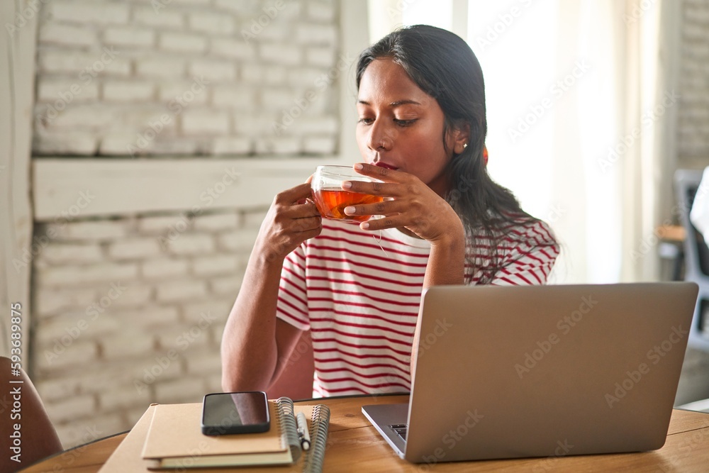 Studious young Indian woman sipping hot tea at her desk. Studious young Indian woman sipping hot tea at her desk.