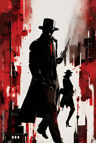 Fototapeta Poster Noir vampires mafia and american city in noir style, black red and white