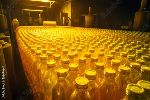 Bottling and production of yellow carbonated drinks in glass bottles on the factory conveyor. Generative AI.