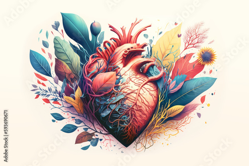 Human heart with flowers. Illustration for World Heart Day. Love, heart health, emotion, softhearted, unselfish concept. Generative ai.