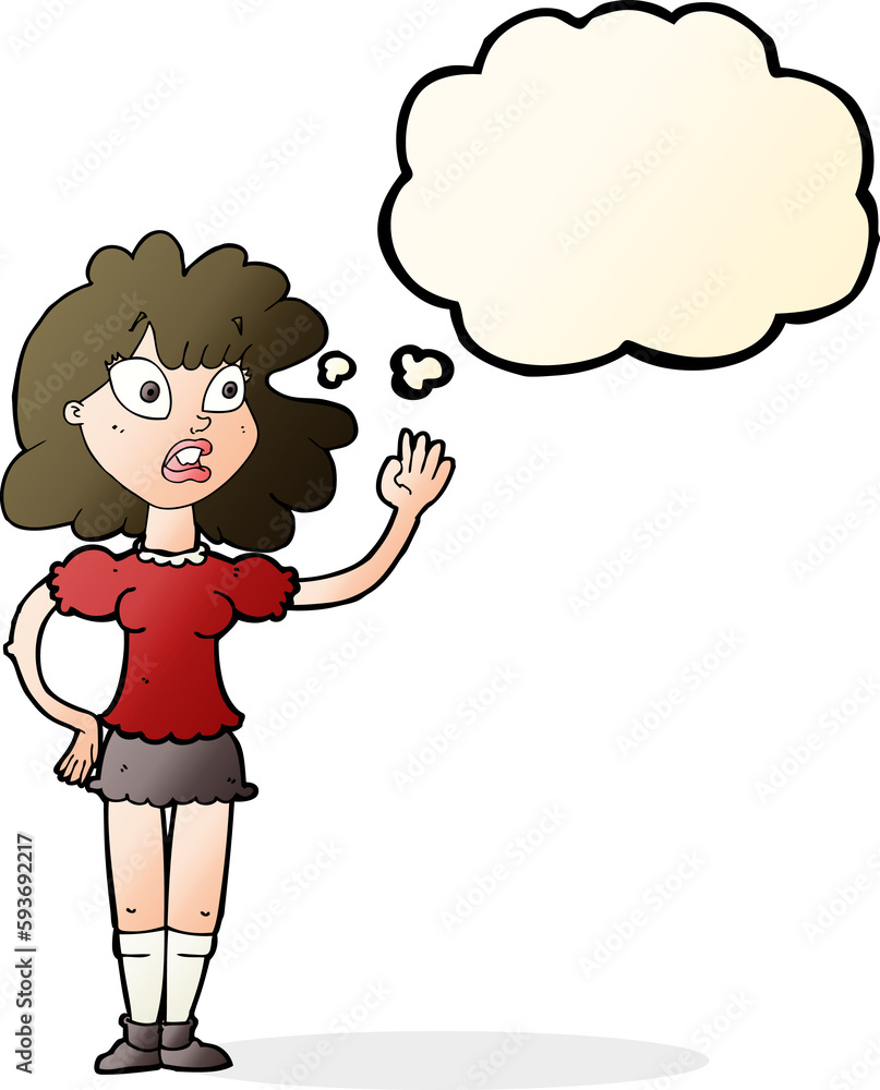 cartoon worried woman waving with thought bubble cartoon worried woman waving with thought bubble