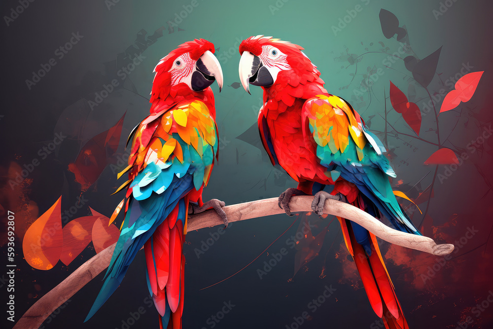 Fototapeta premium Two red macaws parrots, in love with each other, settled on a lush tree branch. Generative AI
