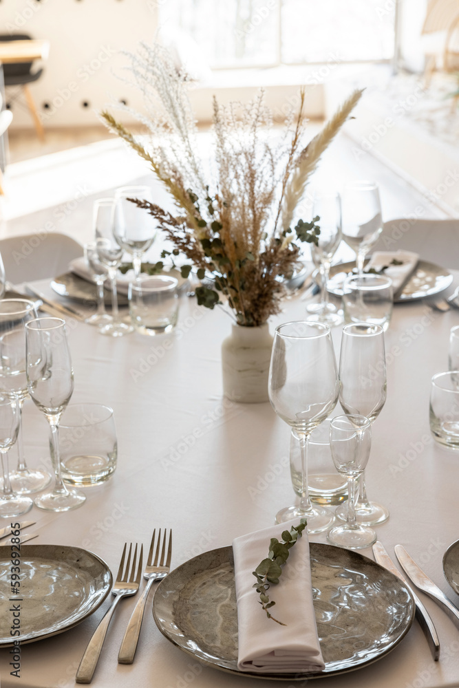table setting. Glassware and cutlery for catered event dinner. table setting. Glassware and cutlery for catered event dinner.