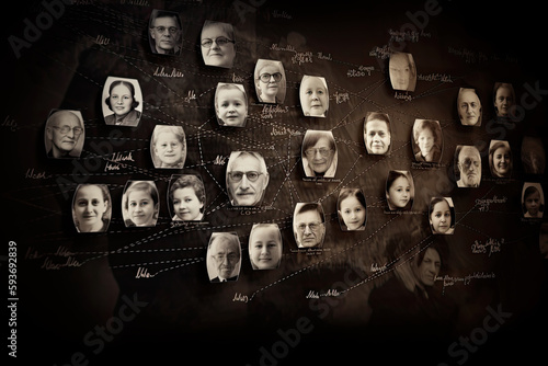 Family tree with portraits of relatives. Genealogical history of generations, preservation of the memory of relatives. Created with Generative AI photo