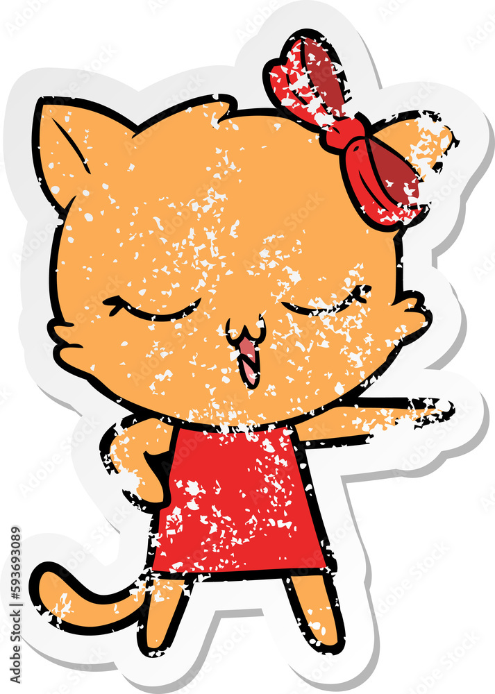 distressed sticker of a cartoon cat with bow on head distressed sticker of a cartoon cat with bow on head