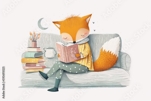 Fox cub reading a book. Cute watercolor illustration for nursery print. Pastel colors fashion fox, cozy mood, illustration for nursery decor. World Book Day.Generative AI.