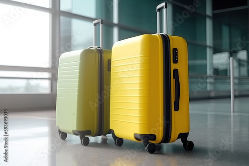 Two suitcases in airport terminal. Traveler luggage waiting for trip. Travel concept. Created with Generative AI