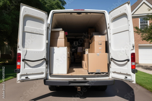 Open cargo van with cardboard boxes, moving into new house. Mover company service. Created with Generative AI