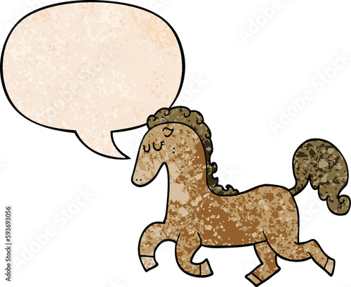 cartoon horse running and speech bubble in retro texture style