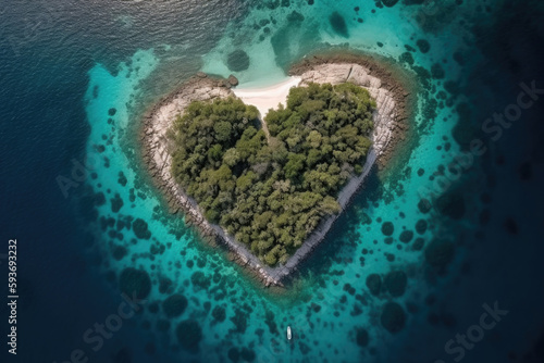 Tropical island in shape of heart, top view. Luxury resort at private island. Created with Generative AI