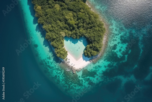 Tropical island with heart shape lake, top view. Luxury resort at private island. Created with Generative AI