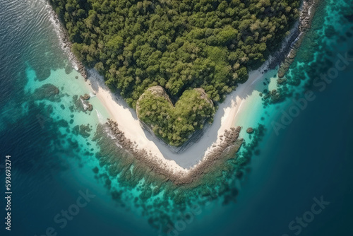Tropical island in shape of heart, top view. Luxury resort at private island. Created with Generative AI © Lazy_Bear