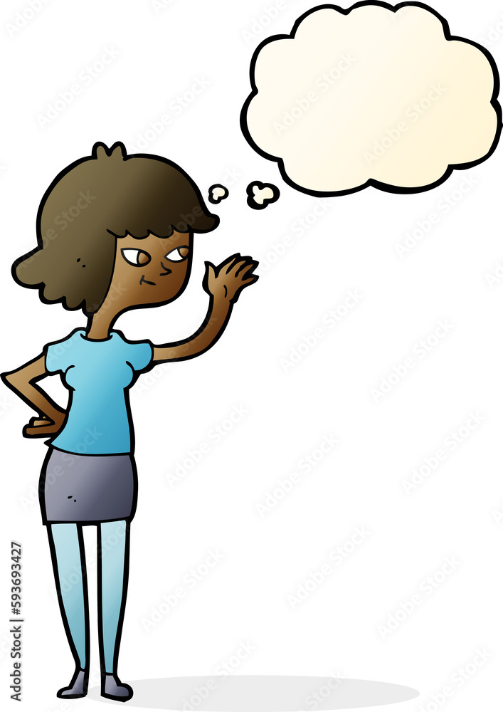 cartoon friendly girl waving with thought bubble cartoon friendly girl waving with thought bubble
