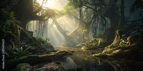 magic amazon rainforest with tropical vegetation  jungle landscape with creek  riverbank plants and lianas  fictional landscape created with generative ai