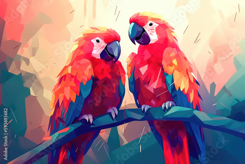 Two red macaws parrots, in love with each other, settled on a lush tree branch. Generative AI