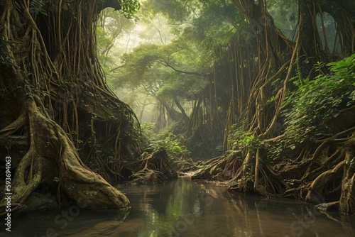 amazon rainforest  tropical vegetation  jungle landscape with creek  rocks overgrown with moss  riverbank plants and lianas  fictional landscape created with generative ai
