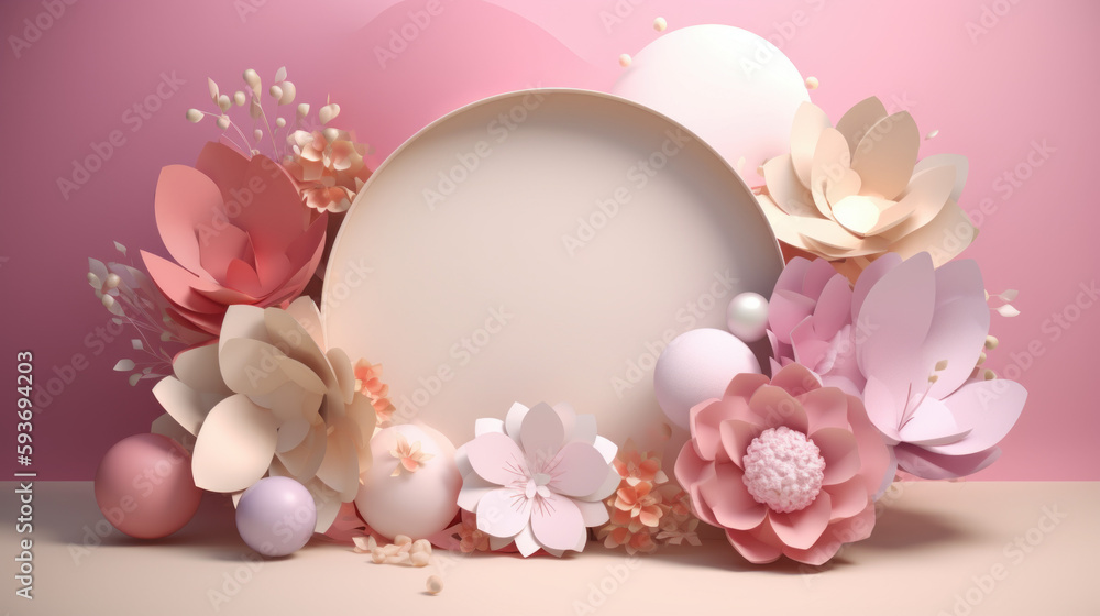 A soft and dreamy 3D backdrop with a white plate in the middle, perfect for Mother's Day, featuring round shapes and delicate flowers in soft lighting Generative AI A soft and dreamy 3D backdrop with a white plate in the middle, perfect for Mother's Day, featuring round shapes and delicate flowers in soft lighting Generative AI